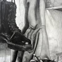 Still life drawing from ART 155 - Foundations: Intro to Drawing I, featuring a pile of books and a large black leather boot